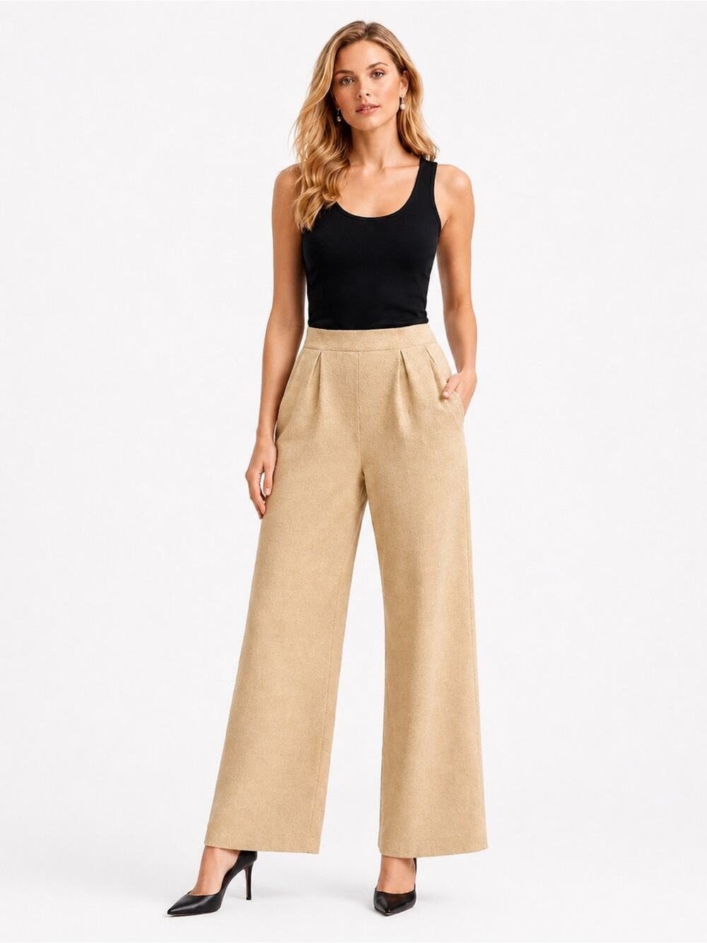St. John Collection Marie Grey Knit Pants Cream Beige Elastic Waist Size 8 USA